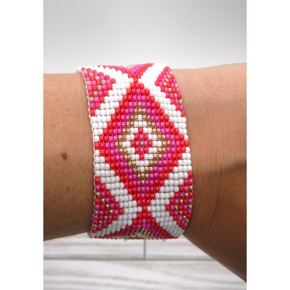 Loom Beaded Bracelet Pinks & White w/ Rose Gold - Picture 1 of 4